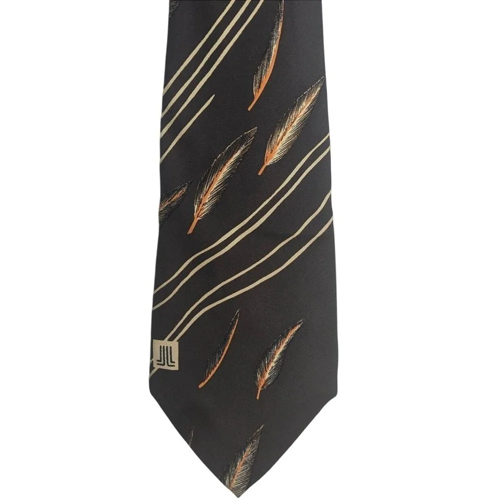 Vintage Lanvin Paris 70s Silk‎ Dark Brown Tie Feather Geometric Pattern France